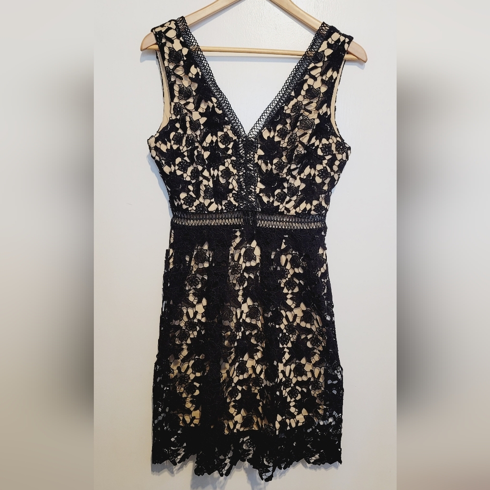 Alya Lace Dress in Black and Tan V-Neckline